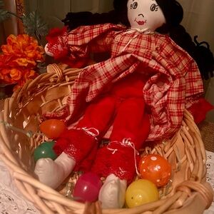 Country Cottagecore decor Rag Doll Vintage Inspired. Sturdy Basket Farmhouse